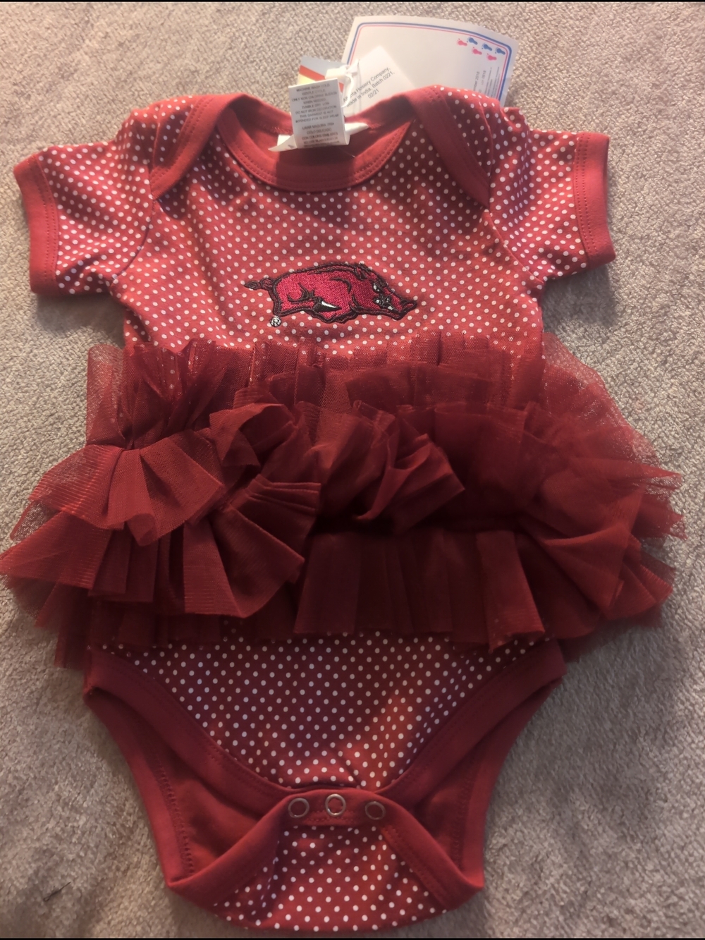 Red Polka Dot Tutu Baby Bodysuit with Embroidered Razorback University Arkansas